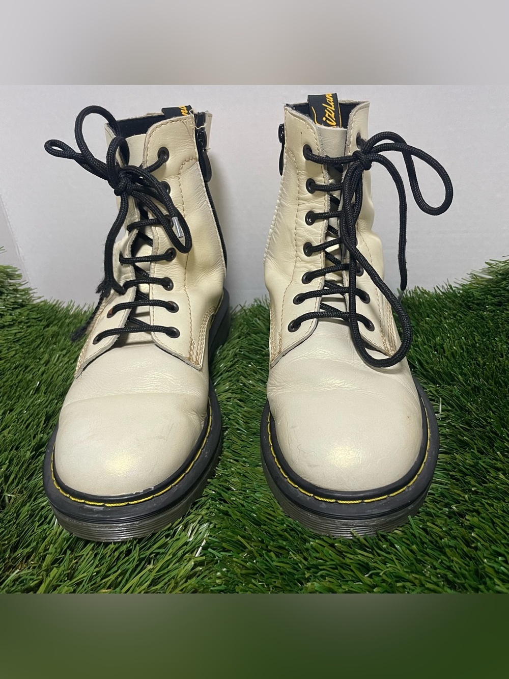 Vizland White Leather Combat Boots Lace Up Side Zip Size 40
